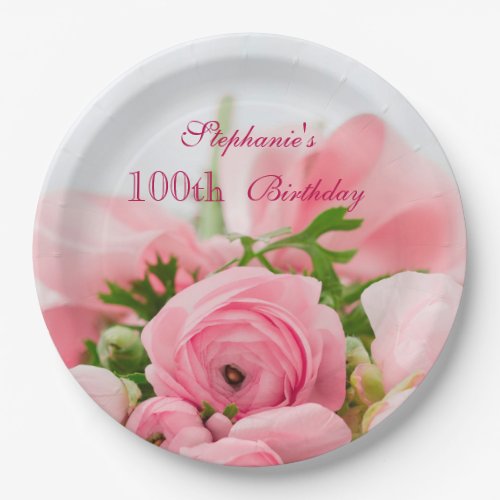 Bouquet Of Pink Roses 100th Birthday Paper Plates