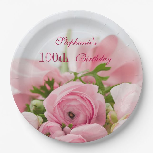 Bouquet Of Pink Roses 100th Birthday Paper Plates (Front)