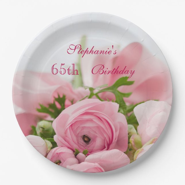 Bouquet Of Pink Roses 65th Birthday Paper Plates (Front)