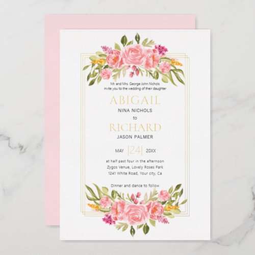 Bouquet of pink roses spring floral wedding gold foil invitation