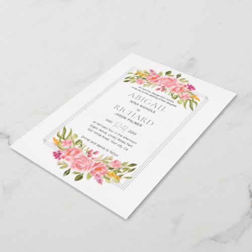 Bouquet of pink roses spring floral wedding silver foil invitation