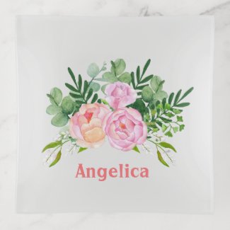 Bouquet of Pink Roses, Watercolor Style Floral Trinket Tray