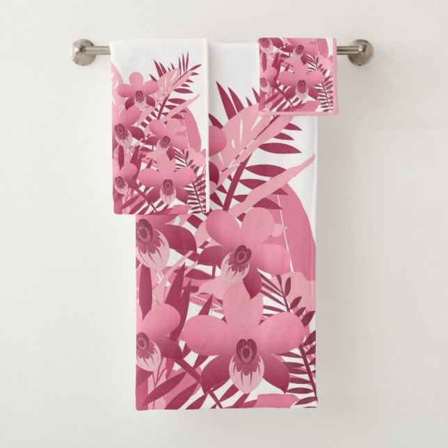 Bouquet of pink tropical plants bath towel set (Insitu)