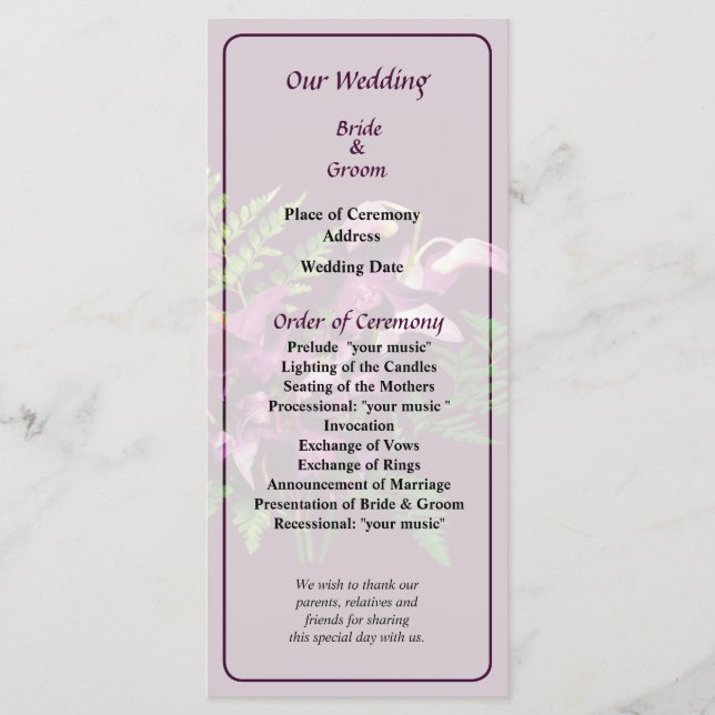 Bouquet of Purple Orchids and Fern Wedding Program (Front)