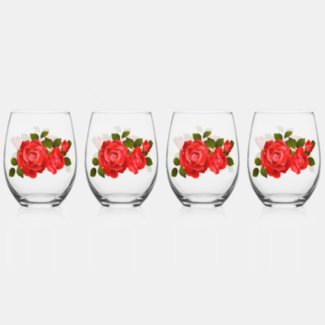 Bouquet of Red Roses Wine Glasses