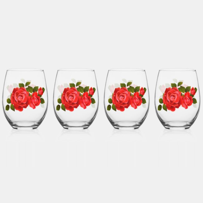 Bouquet of Red Roses Wine Glasses