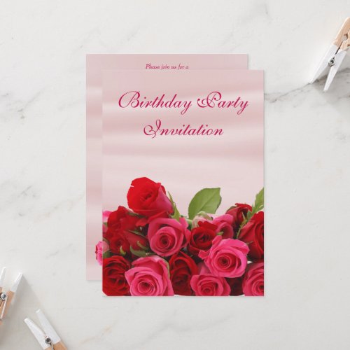 Bouquet Of Romantic Red Roses Birthday Party Invitation