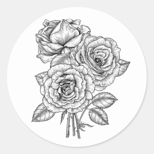 Bouquet of roses in black and white classic round sticker