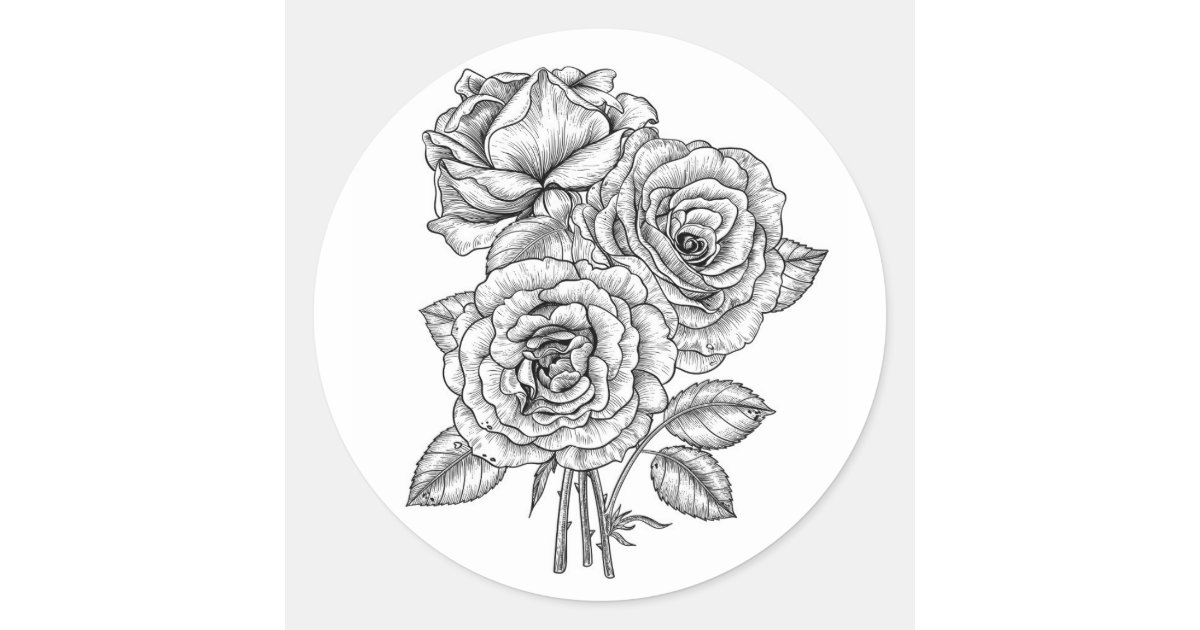 Bouquet of roses in black and white classic round sticker | Zazzle