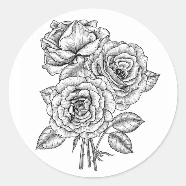 Bouquet of roses in black and white classic round sticker | Zazzle