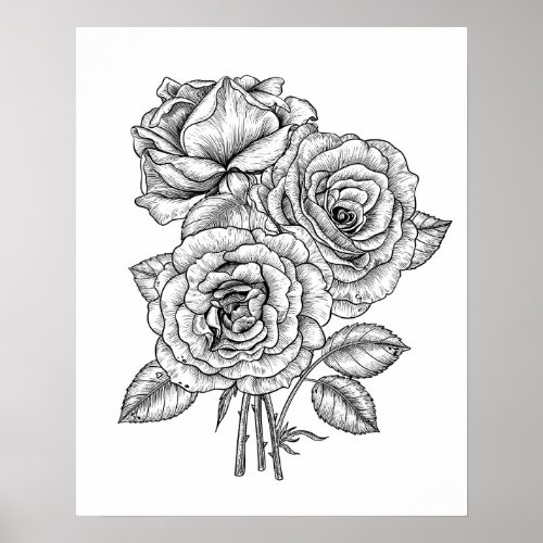 Bouquet of roses in black and white poster