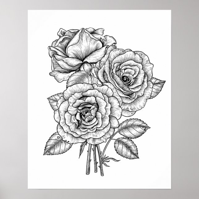 Bouquet of roses in black and white poster (Front)