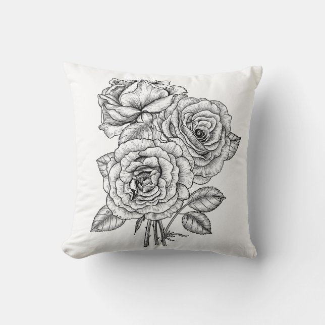 Bouquet of roses in black and white throw pillow (Front)