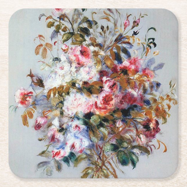 Bouquet of Roses, Renoir Square Paper Coaster (Front)