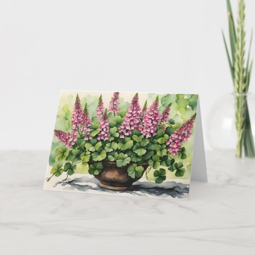 Bouquet of Shamrocks and Pink Foxgloves Holiday Card