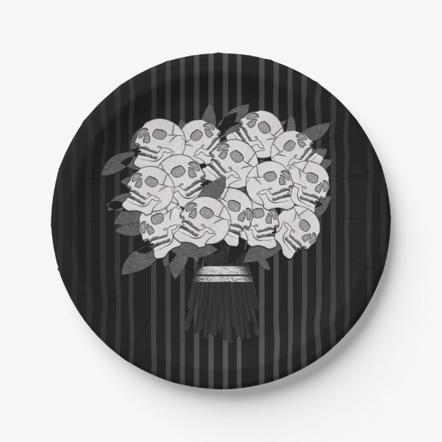 Bouquet of Skull Roses Black & White Party Paper Plates (Front)
