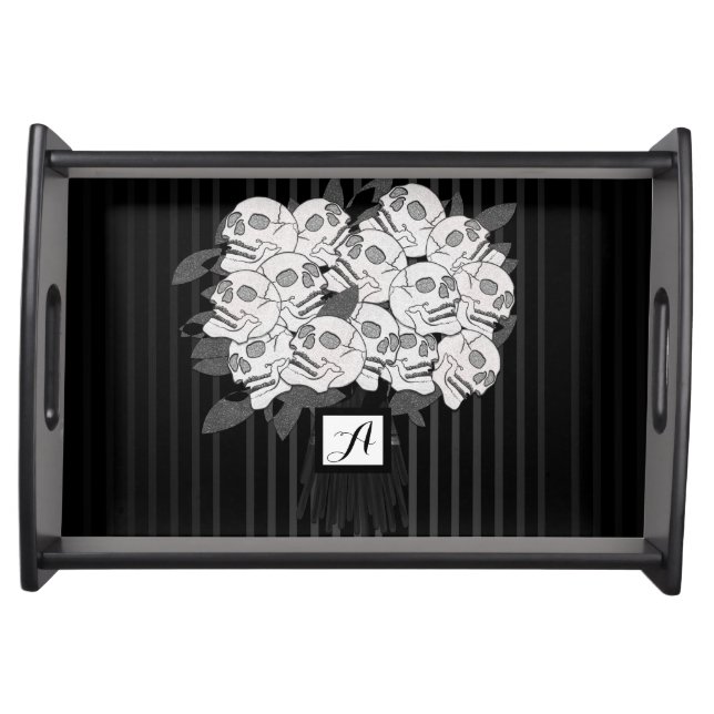 Bouquet of Skull Roses Black & White Party Serving Tray (Front)