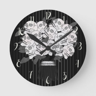 Bouquet of Skull Roses Black & White Round Clock