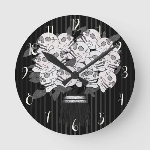 Bouquet of Skull Roses Black  White Round Clock