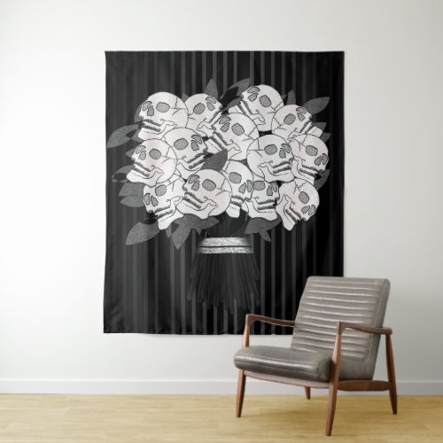 Bouquet of Skull Roses Black  White Tapestry