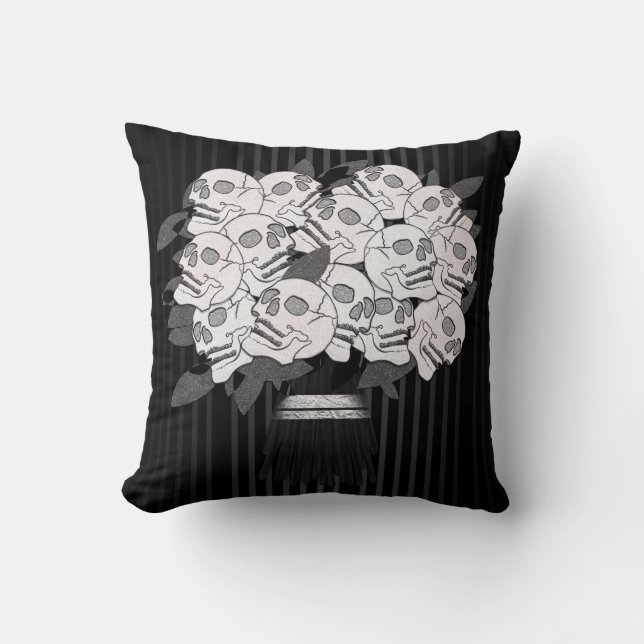 Bouquet of Skull Roses Black & White Throw Pillow (Front)