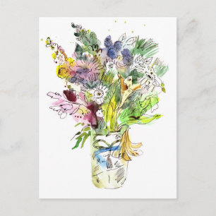 Bouquet of summer flowers. Watercolor sketch Postcard