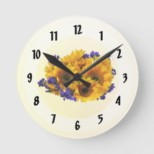 Bouquet of Sunflowers and Purple Statice Round Clock