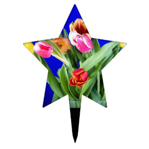 Bouquet of tulips on blue cake topper