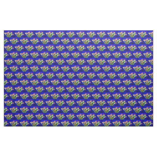 Bouquet of tulips on blue fabric