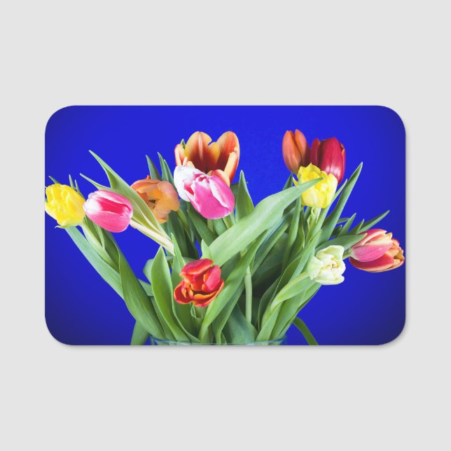 Bouquet of tulips on blue name tag (Front)