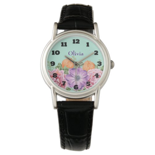 Bouquet of Watercolor Flowers Custom Name Watch