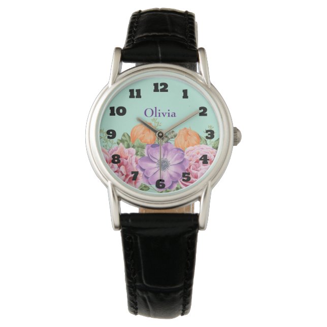 Bouquet of Watercolor Flowers Custom Name Watch (Front)