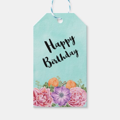 Bouquet of Watercolor Flowers Happy Birthday Gift Tags