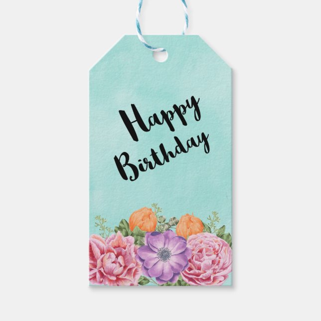 Bouquet of Watercolor Flowers Happy Birthday Gift Tags (Front)