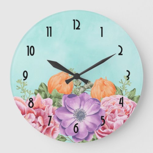 Bouquet of Watercolor Flowers Pink Purple Orange Large Clock