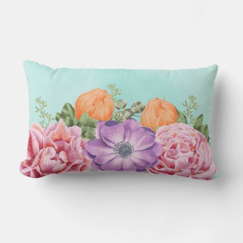 Bouquet of Watercolor Flowers Pink Purple Orange Lumbar Pillow