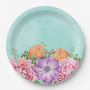 Bouquet of Watercolor Flowers Pink Purple Orange Paper Plates