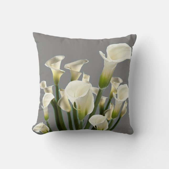 BOUQUET OF WHITE CALLA LILIES ON GREY THROW PILLOW (Front)