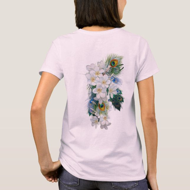 Bouquet of White Flowers, Peacock Feathers T-Shirt (Back)