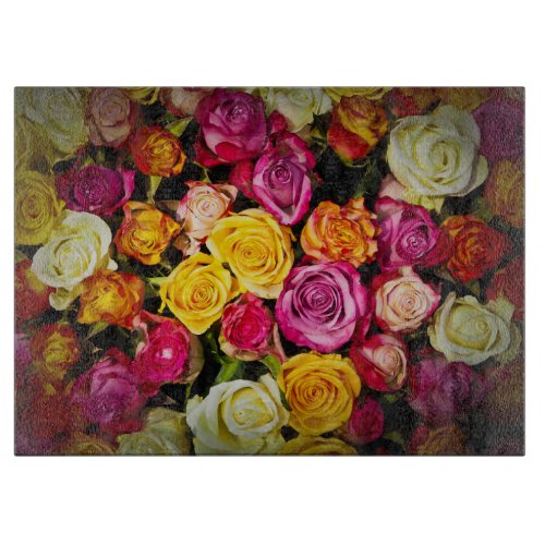 Bouquet Of White Pink Yellow Roses Flowers Cutting Board