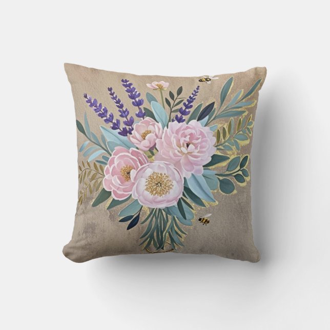 Bouquet peonies lavender flowers Rustic Throw Pillow (Front)