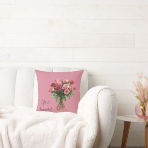 Bouquet Pink Red Roses Floral Throw Pillow