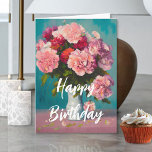 Bouquet Pink Spring Carnations in Vase Birthday Card<br><div class="desc">Colorful feminine pink carnation flowers in a white vase set on a pink table with a blue background. Inside are a few sprigs of flowers on a blue backdrop on the left hand side of the card. Warm and boldly colorful floral digital oil painting print.</div>