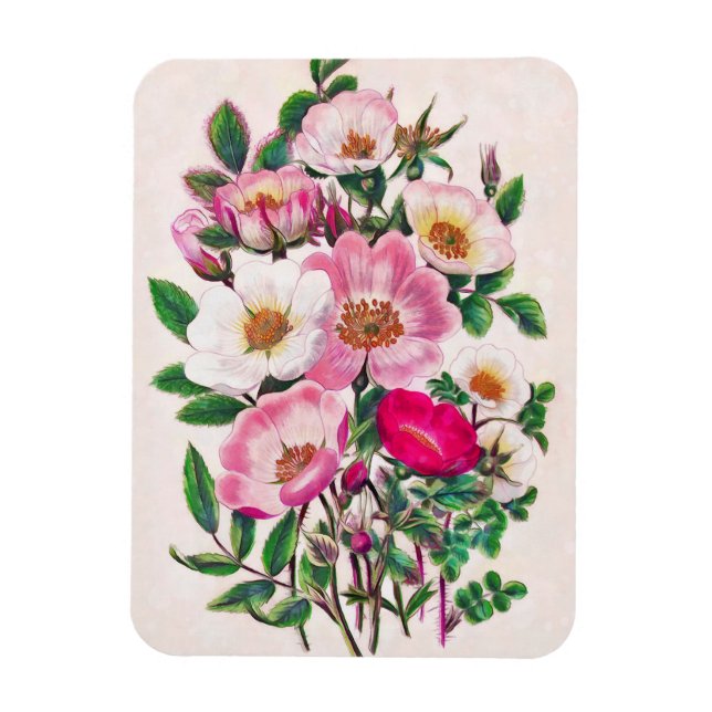 Bouquet Pink & White Wild Rose Flowers Magnet (Vertical)
