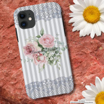 Bouquet roses Elegant dusty blue stripes lace cute