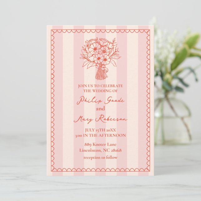 Bouquet Scalloped Pink Stripe Tropical Invitation (Standing Front)