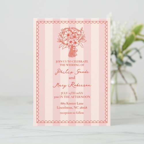Bouquet Scalloped Pink Stripe Tropical Invitation