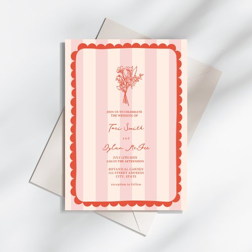 Bouquet Scalloped Pink Stripe Tropical Wedding Invitation