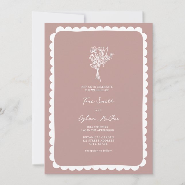 Bouquet Scalloped Pink Wedding Invitation (Front)