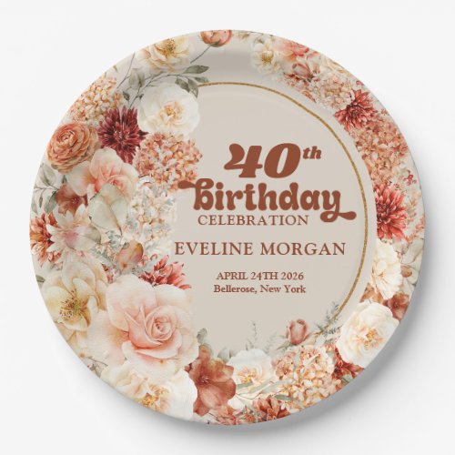 Bouquet terracotta blush and sage 40th birthday paper plates